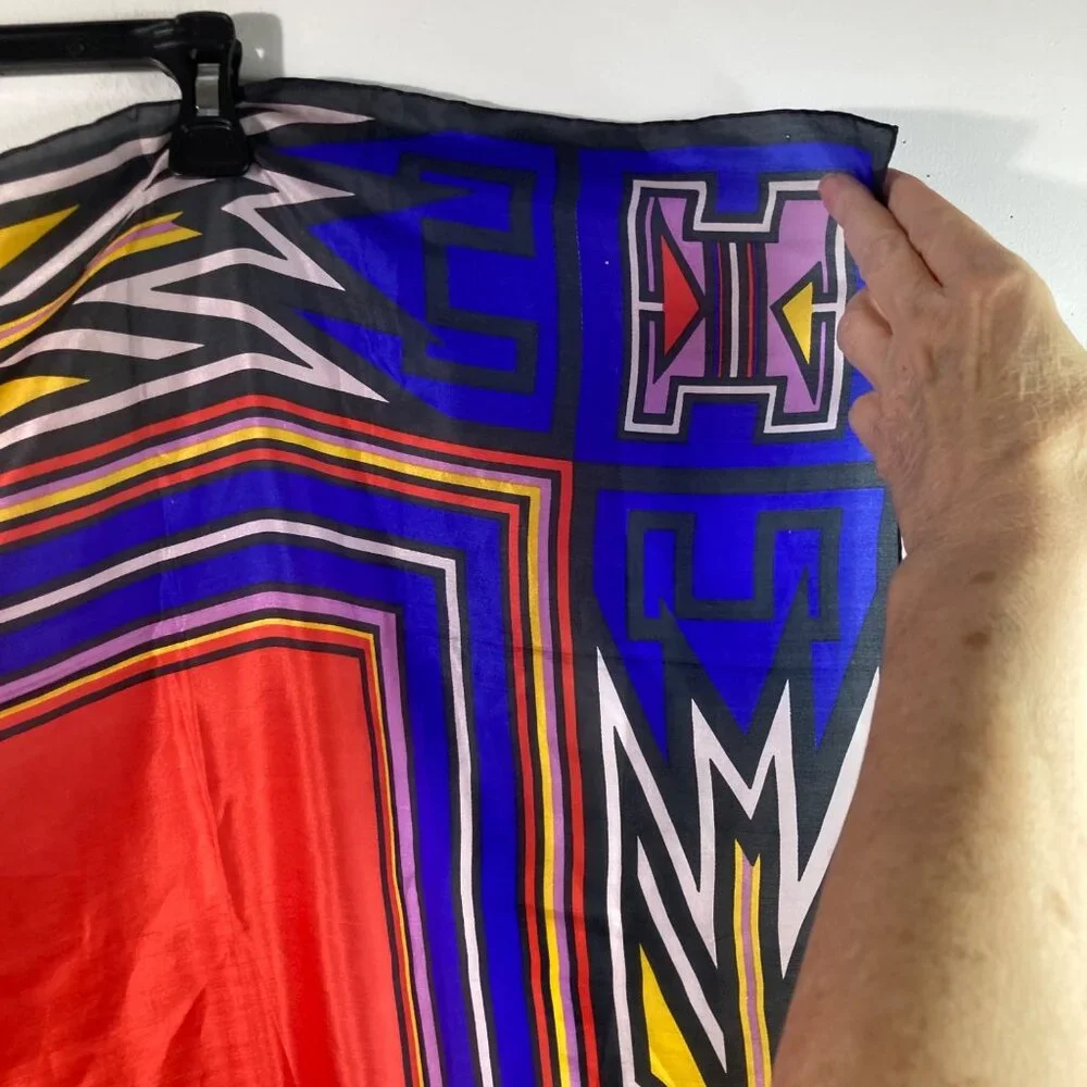 Womens Aztec Shanghai Sunrise Silk Scarf Blue Red Yellow 32 x 33